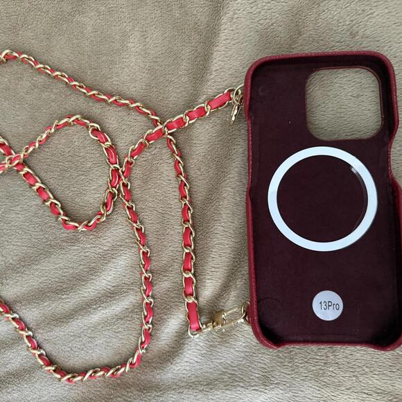Luxury Quilted Phone Case with Chain Strap Red iPhone 13 Pro - Picture 3 of 5